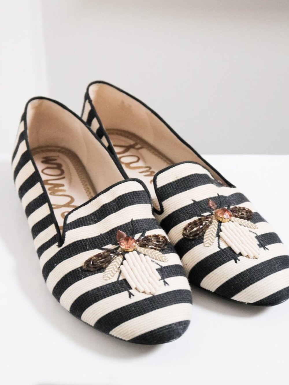 SAM EDELMAN Women's Bee Embroidered Loafers Black White Striped Canvas Flats